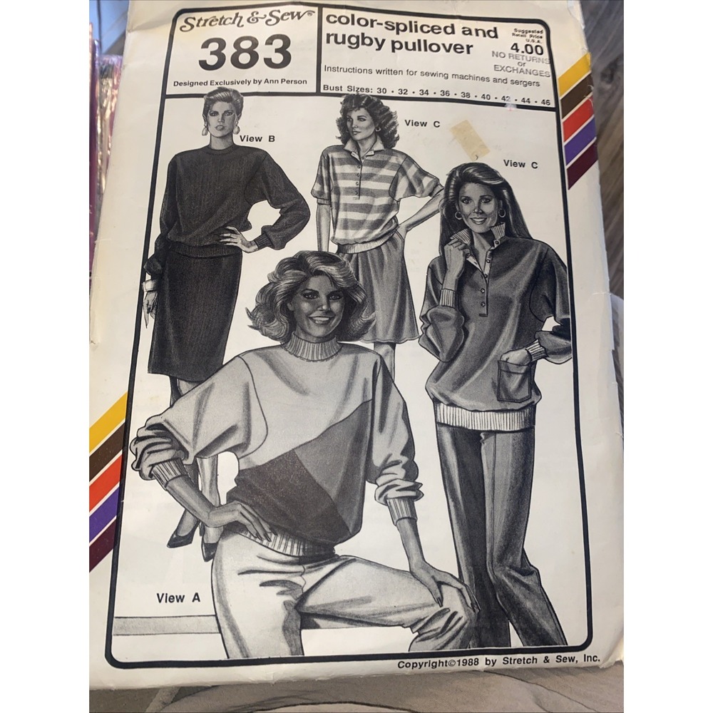 Stretch & Sew 383 Vintage 1980s Color Spliced Rugby Pullover Sewing Pattern Cut